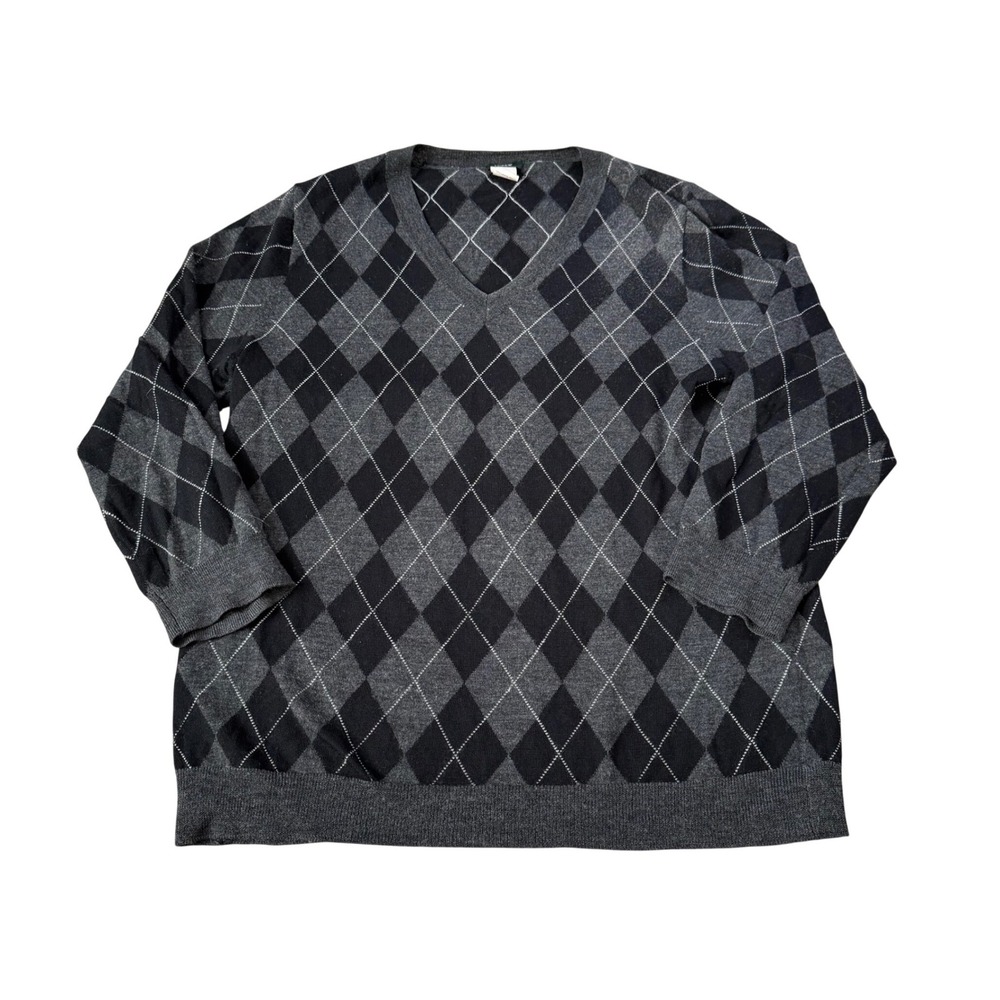 J Crew Argyle V-Neck Sweater 100% Merino Wool Plaid Quiet‎ Luxury Minimalist L
